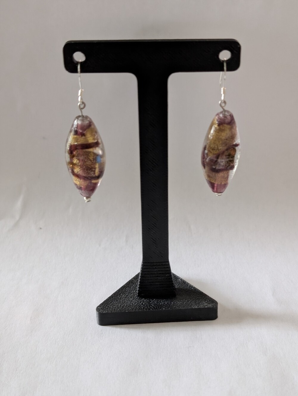 Handmade Murano Style Glass Earrings • Purple Gold Swirl Beads • 925 Sterling